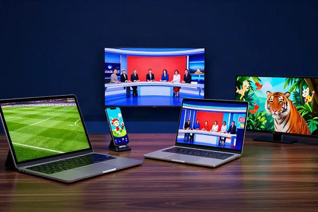 TrimixIPTV, the best IPTV provider 2026, playing different channels on a smart TV, laptop, tablet and phone at the same time