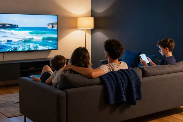 A family watching TrimixIPTV, the best IPTV subscription 2026, on the living-room television while a teenager streams on a tablet